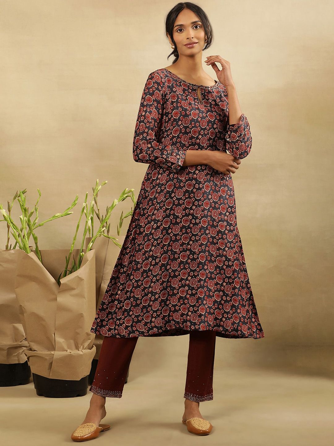 W Abstract Printed Keyhole Neck Flared Sleeves A-Line Kurta