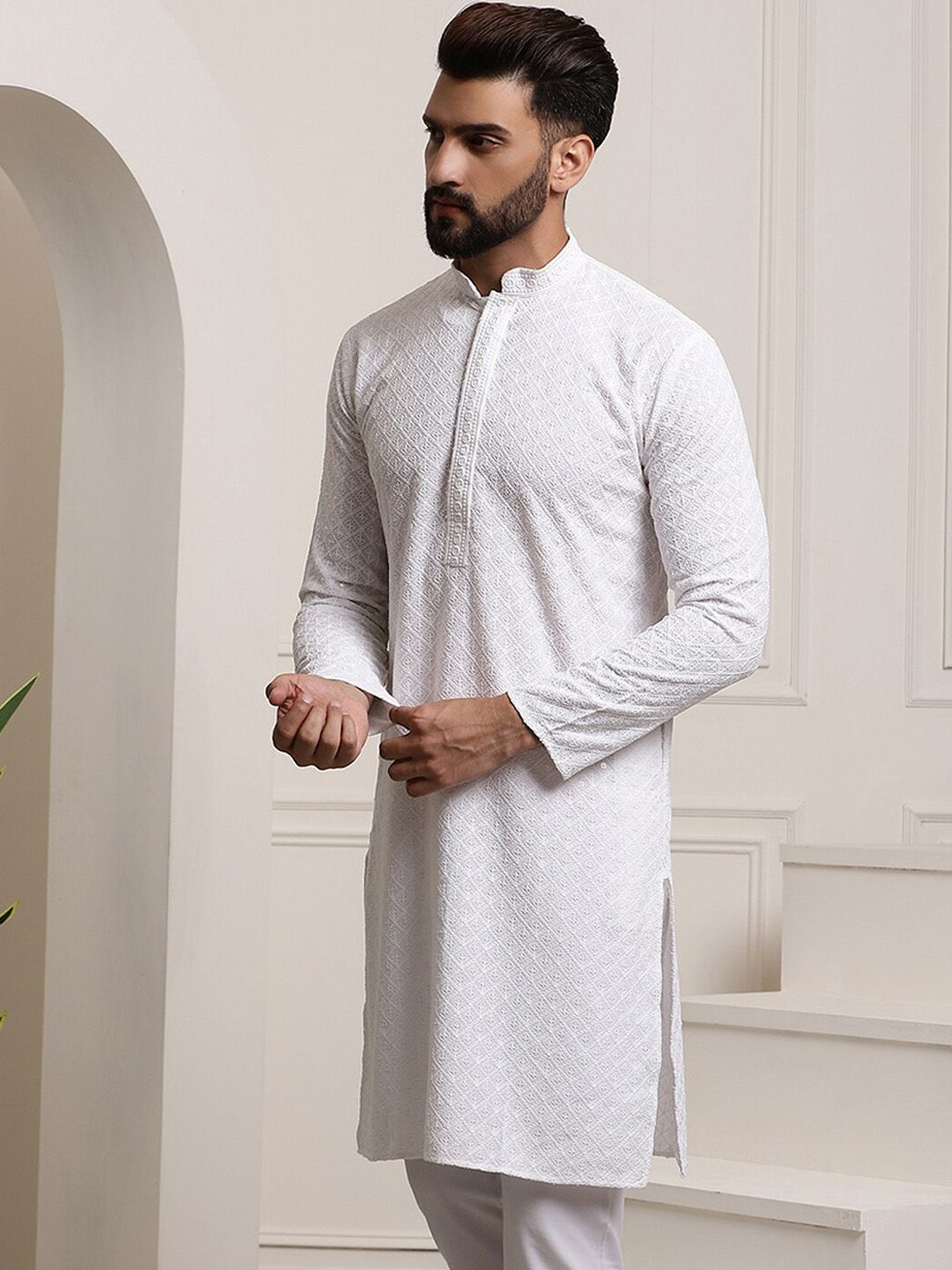 SOJANYA Mandarin Collar Sequins Embellished Pure Cotton Straight Kurta