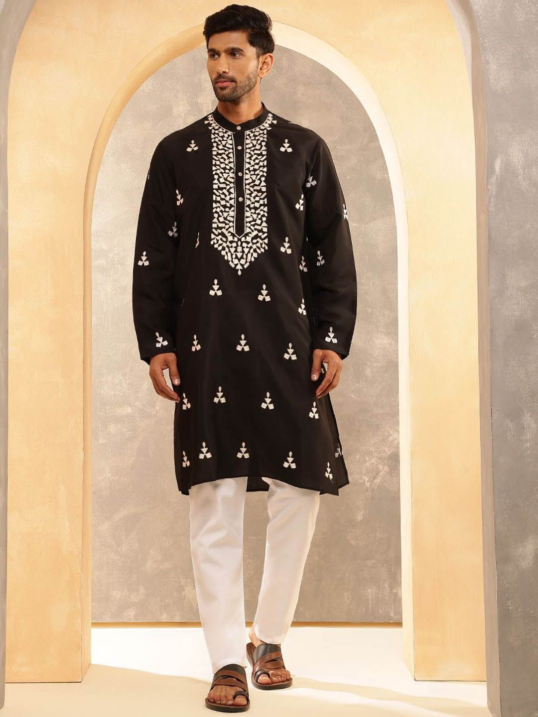 Anouk Geometric Sulam Benang Kerja Kapas Sutera Kurta Lurus dengan Piyama