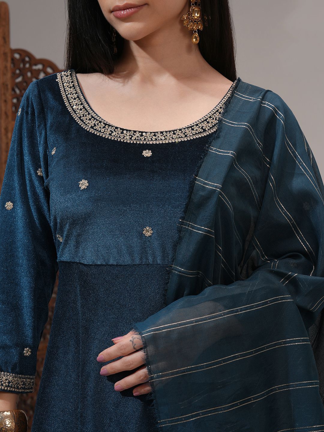 Vishudh Women Embroidered Velvet Umbrella Kurta With Slim Pants & Dupatta