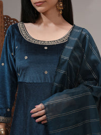 Vishudh Women Embroidered Velvet Umbrella Kurta With Slim Pants & Dupatta