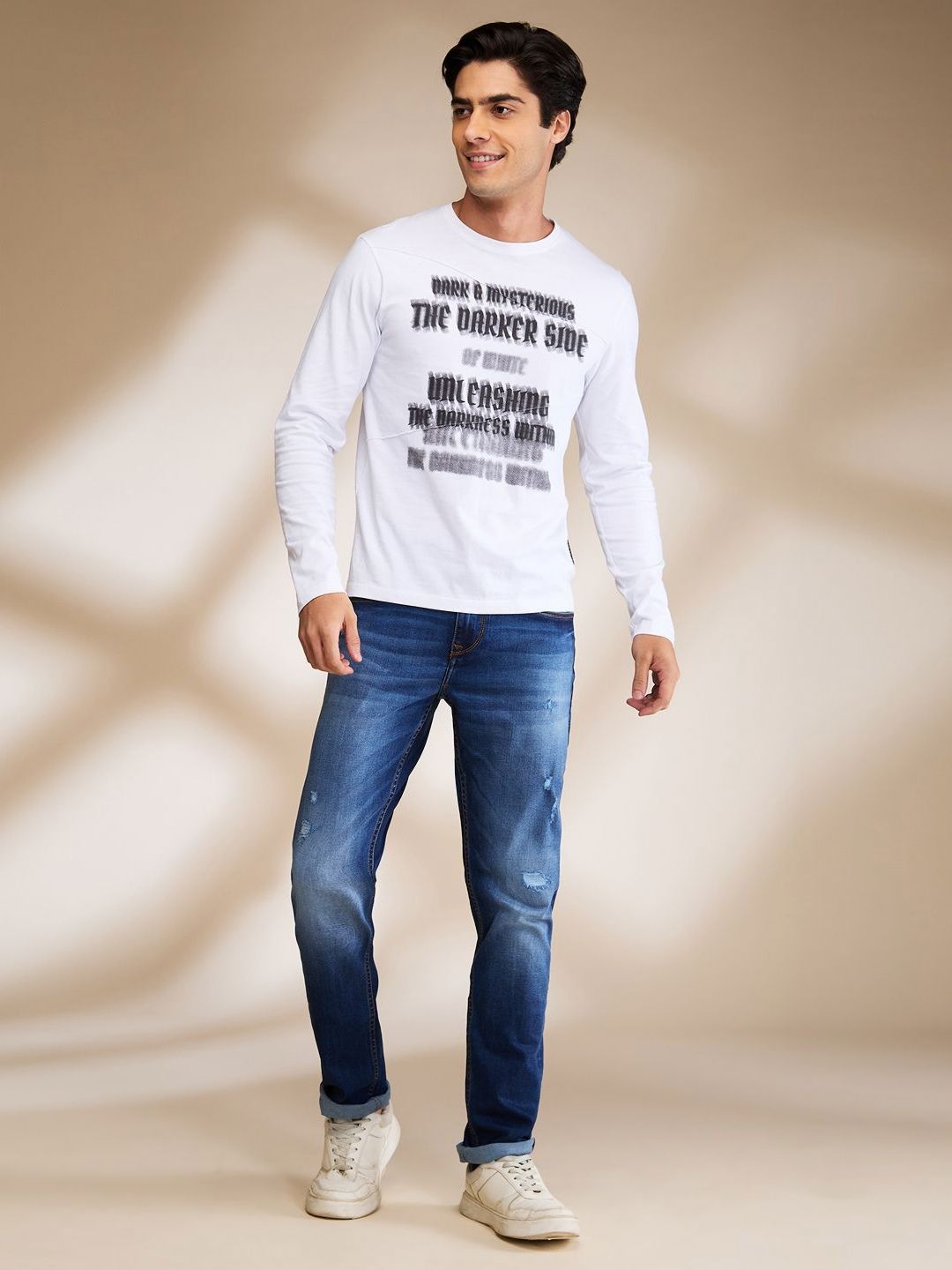 Being Human Men White Cotton Round Neck Full Sleeves Typography Applique Slim Fit T-shirt
