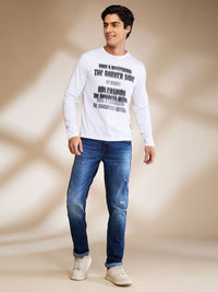 Being Human Men White Cotton Round Neck Full Sleeves Typography Applique Slim Fit T-shirt