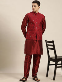 SOJANYA Men Maroon Bordir Cermin Kurta Kerja dengan Churidar