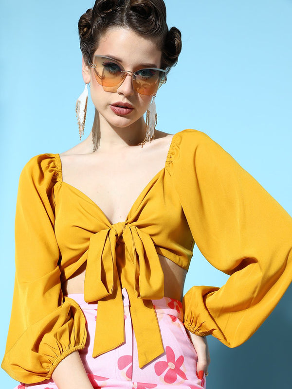 Berrylush Women Stylish Mustard Solid Wrap It Up Top