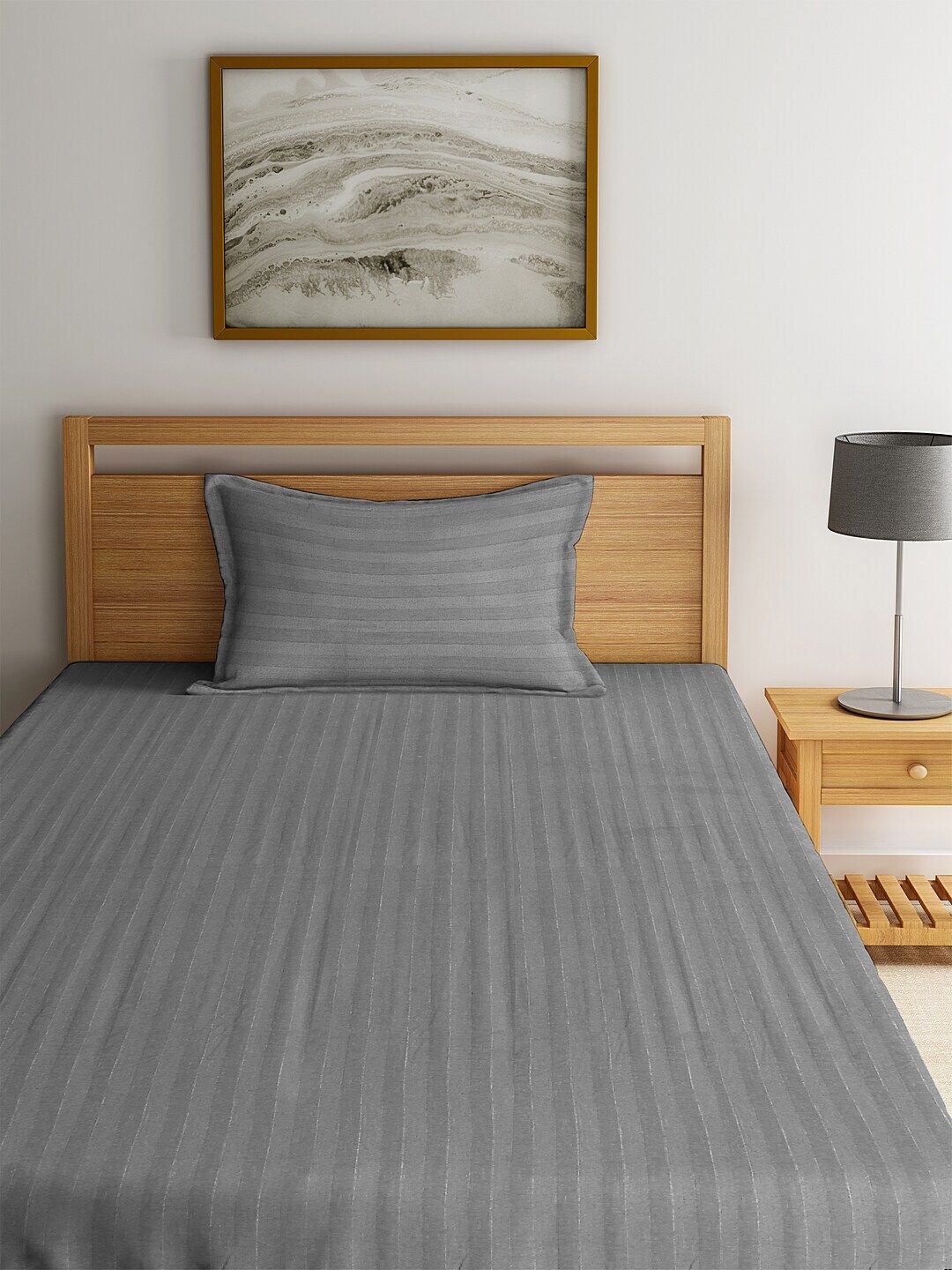HOSTA HOMES Grey Solid 260 TC Cotton 1 Single Bedsheet with 1 Pillow Covers