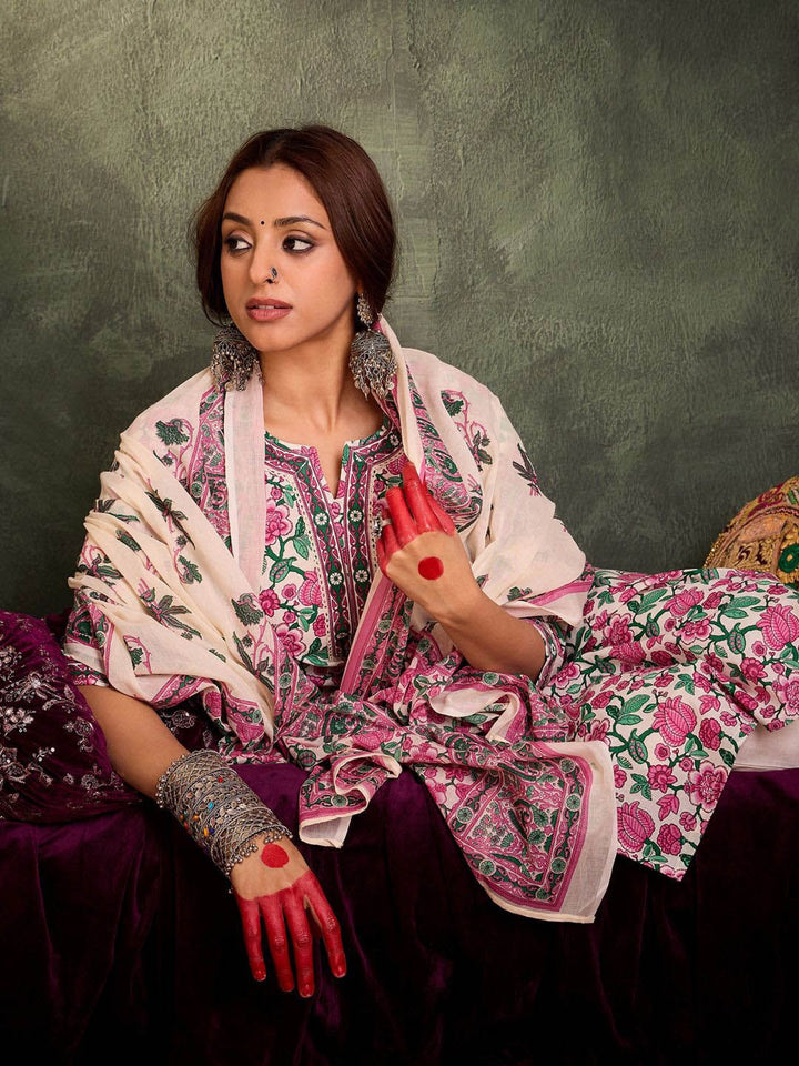 Indo Era Floral Printed Pure Cotton Straight Kurta With Trousers & Dupatta