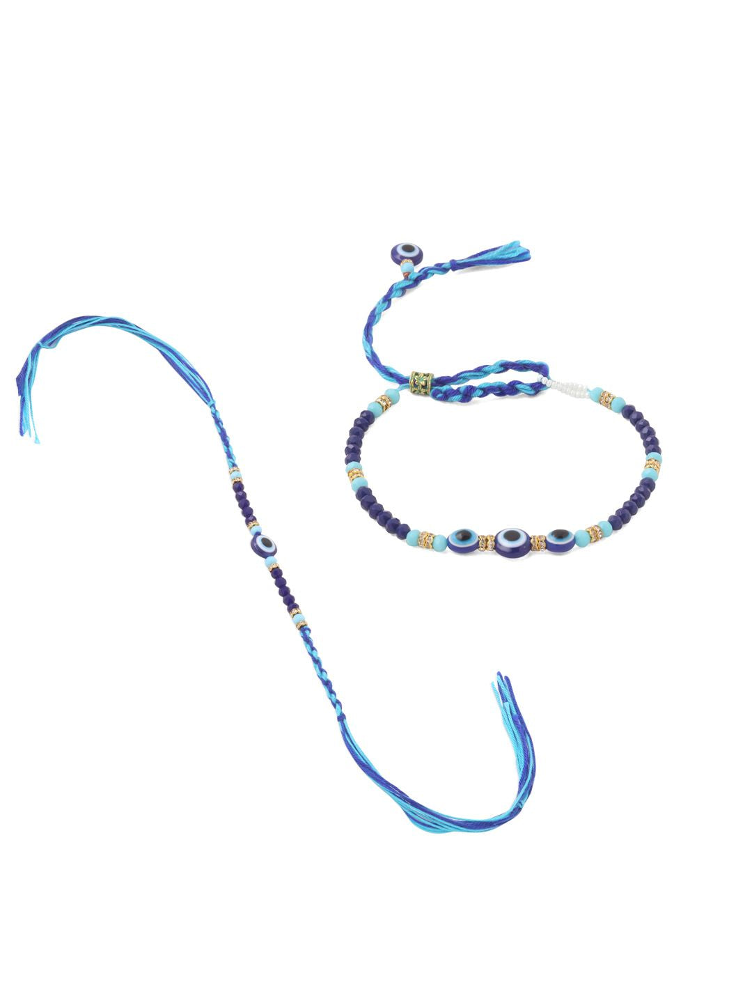 NVR Set of 2 Blue Evil Eye Artificial Beads Bhaiya Bhabhi Rakhi with Roli Chawal