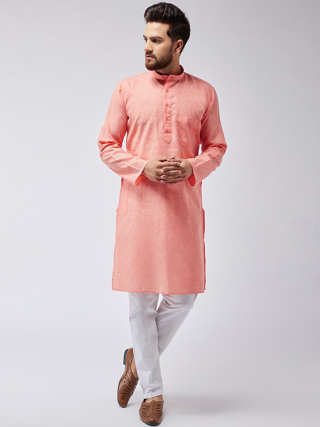 SOJANYA Men Orange & White Solid Kurta with Pyjamas