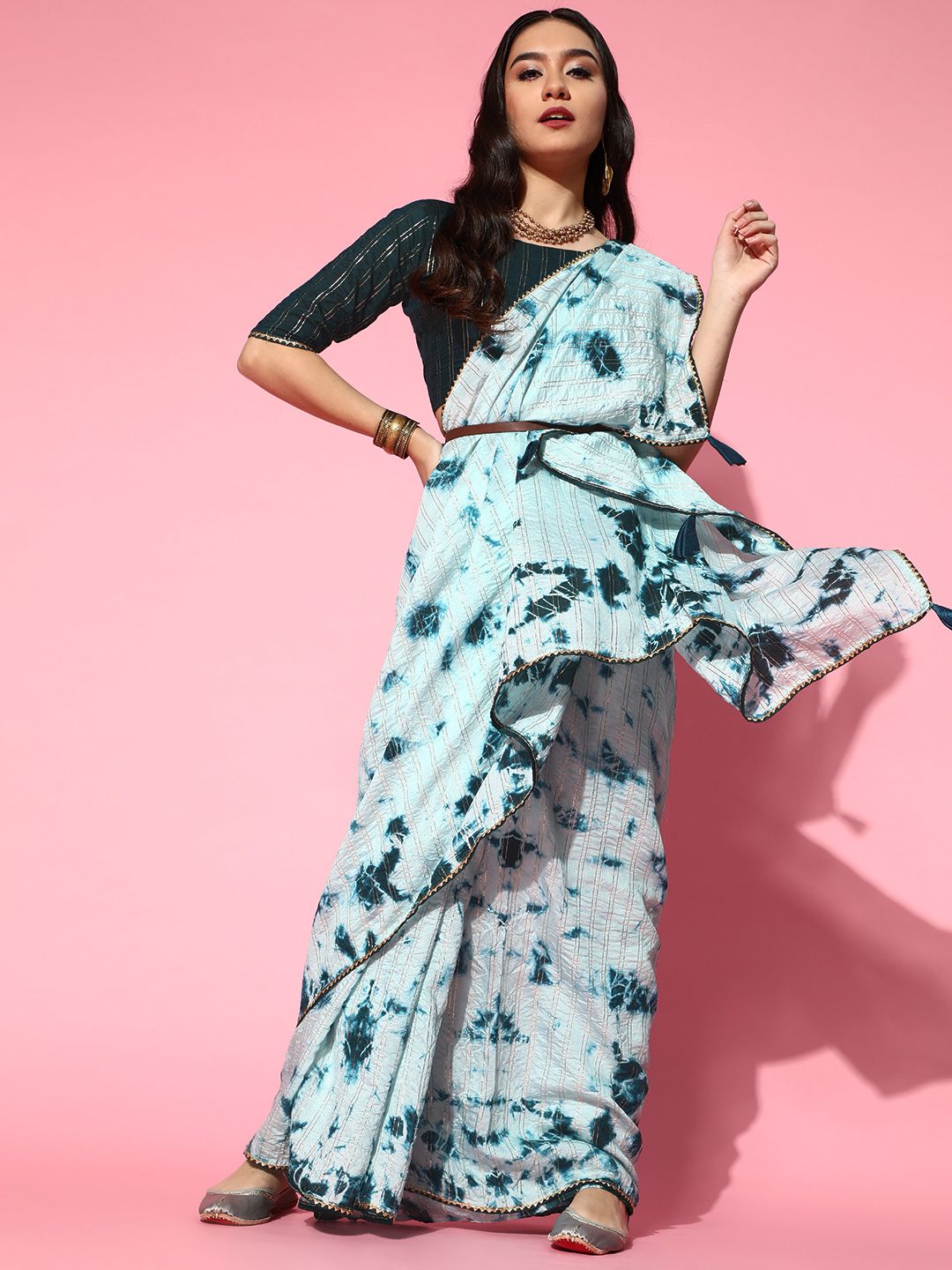 Saree mall Blue & Gold Dyed Striped & Crinkled Gotta Patti Silk Blend Sarees