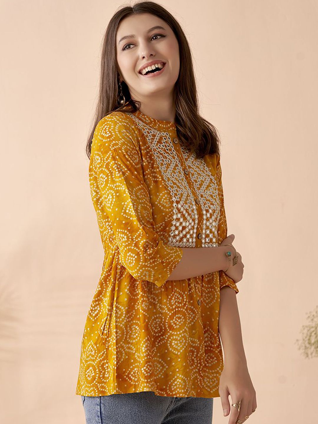 Anouk Bandhani Printed Thread Work A-Line Short Kurti