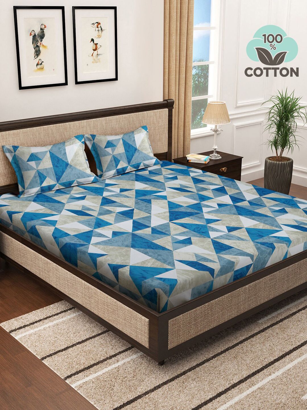 KLOTTHE Blue Printed Pure Cotton 400 TC Super King Double Bedsheet With 2 Pillow Covers