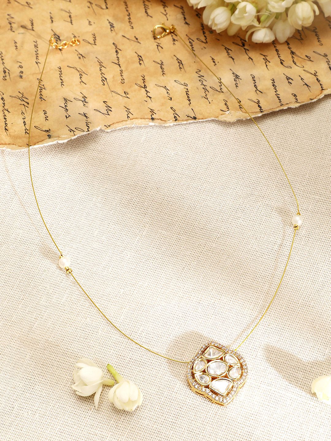 Rubans 22K Gold-Plated Kundan & Cubic Zirconia Pendant Necklace with Pearl Detailing