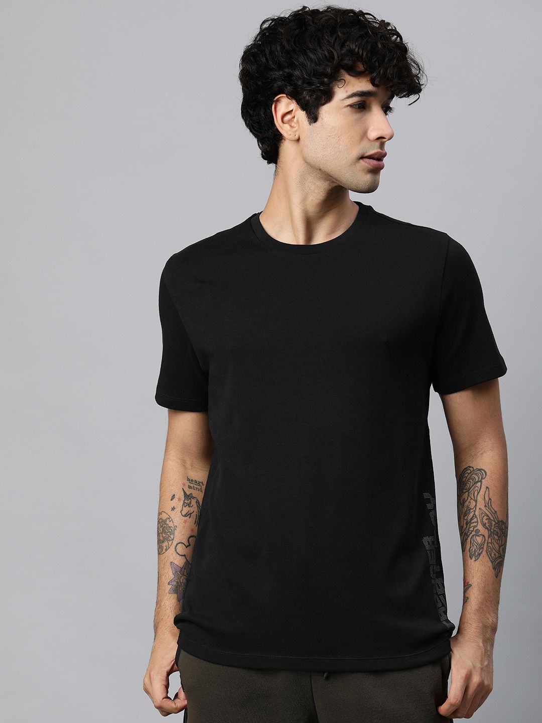 HRX by Hrithik Roshan Men Black Solid Printed Lifestyle Pure Cotton T-shirt