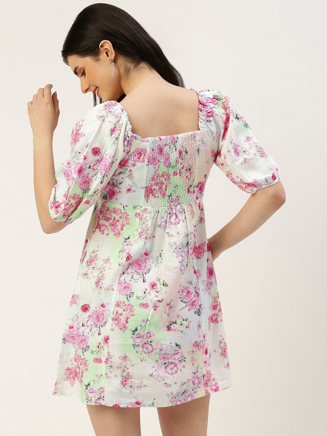 AND Square Neck Floral Print Puff Sleeve Empire Style Smocked Mini Dress