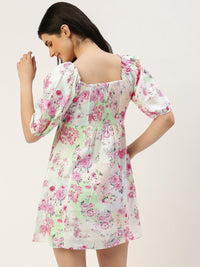 AND Square Neck Floral Print Puff Sleeve Empire Style Smocked Mini Dress