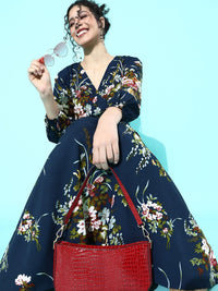 Berrylush Navy Blue Floral Crepe Maxi Dress