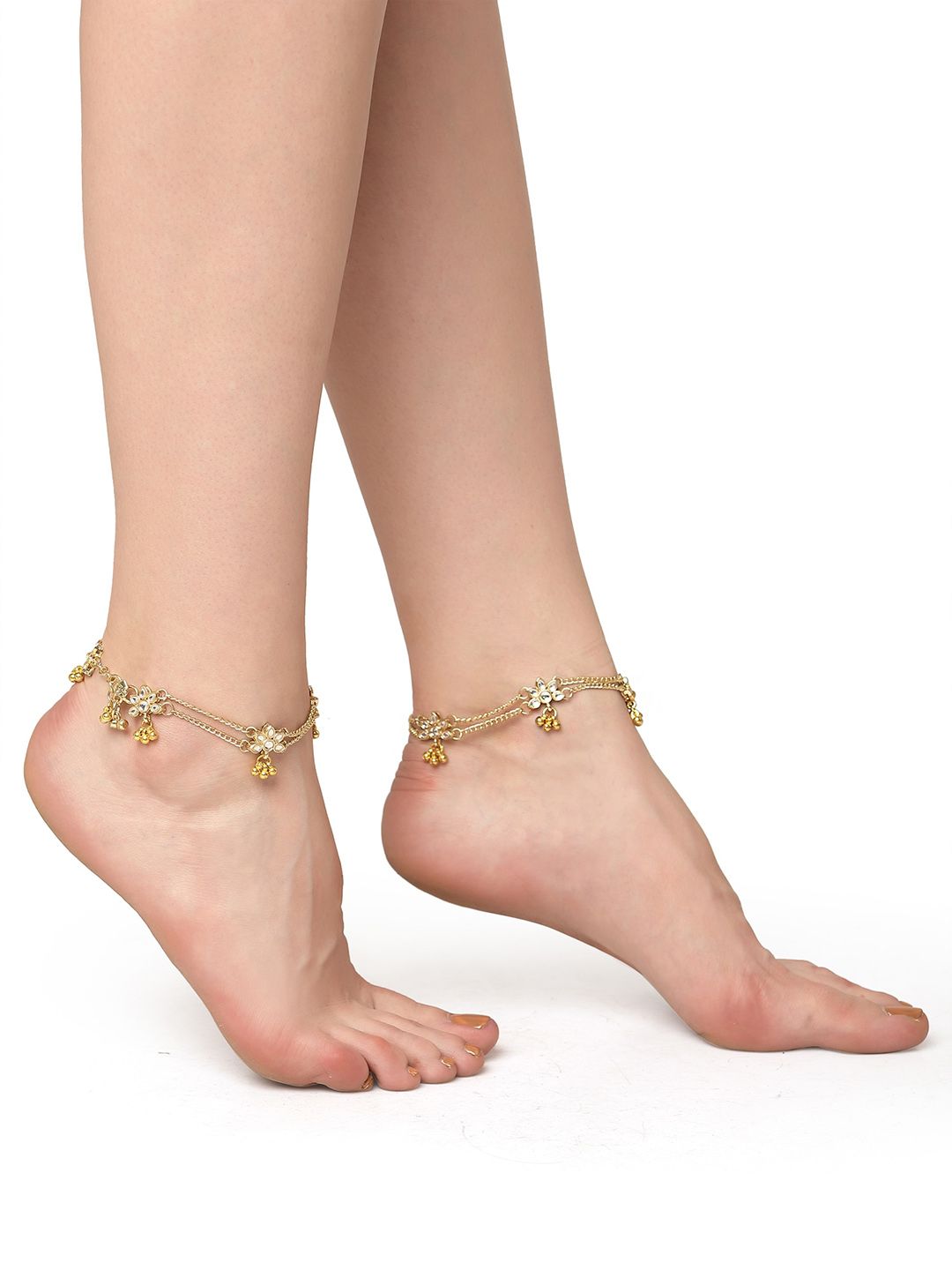 KARATCART Gold-Plated White Kundan Studded Anklet