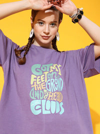 STREET 9 Women Lavender Typography Printed High Neck Extended Sleeves Bio Finish Oversized  T-shirt