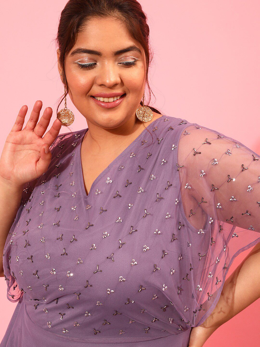 CURVY STREET Plus Size Embellished Extended Sleeves Peplum Top