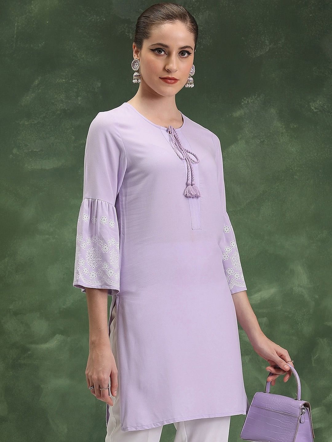 Vishudh Printed Tie-Up Neck Bell Sleeves Short Kurta