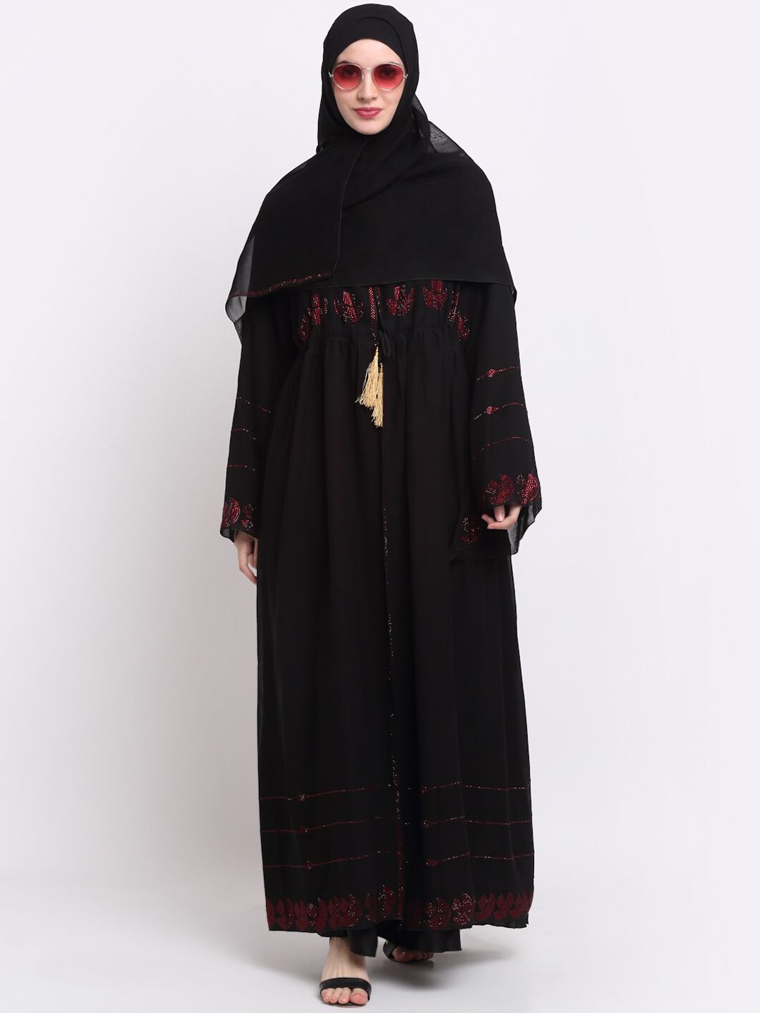 KLOTTHE Women Black & Red Embellished Burqas With Scarf