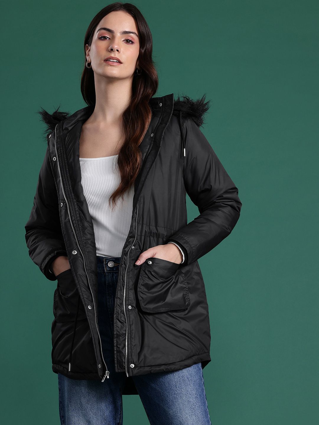 DressBerry Hooded Faux Fur Longline Parka Jacket