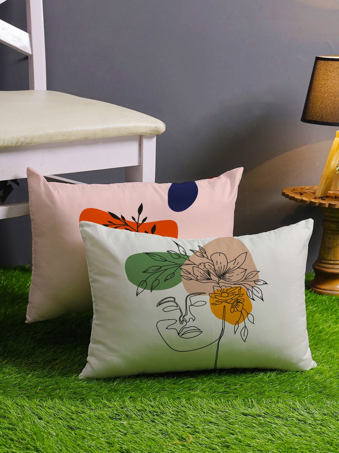 STITCHNEST Pink & White Set of 2 Ethnic Motifs Rectangle Cushion Covers