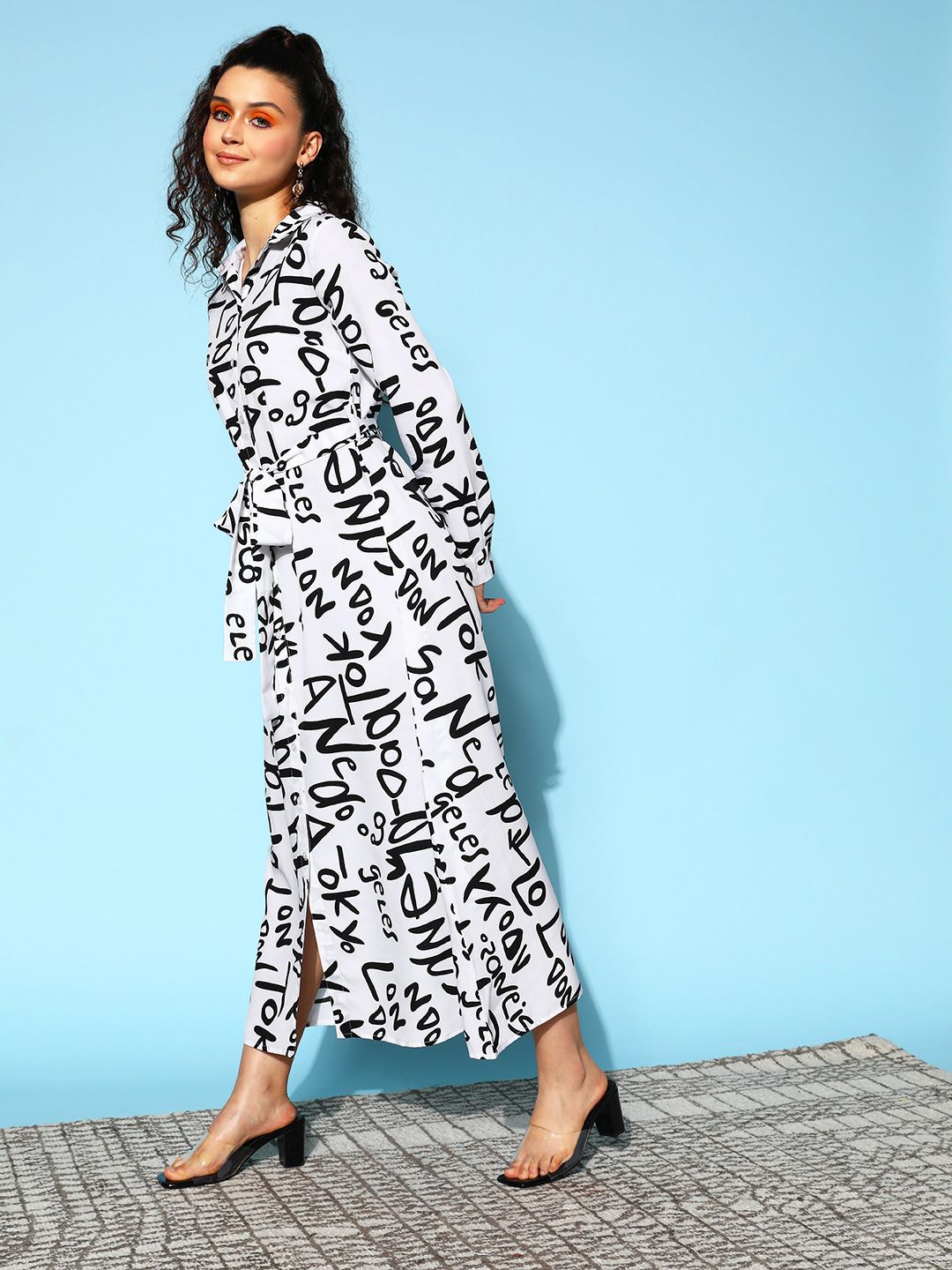 Berrylush White & Black Crepe Shirt Maxi Dress With Belt