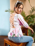 SASSAFRAS Floral Print Puff Sleeves Criss Cross Back Peplum Top