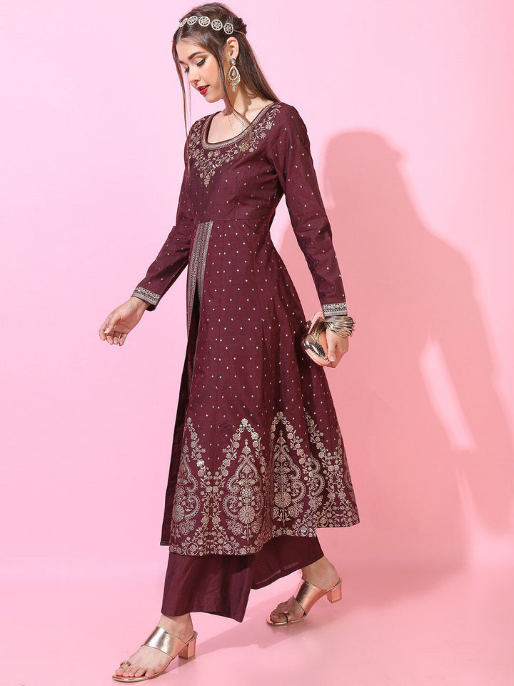 Vishudh Women Maroon Floral Embroidered Kurta with Palazzos