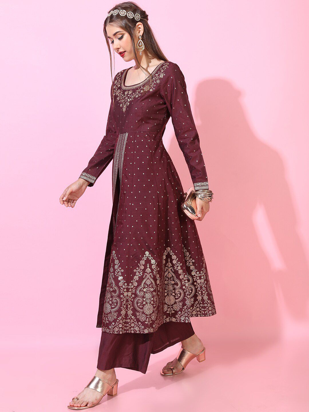 Vishudh Women Maroon Floral Embroidered Kurta with Palazzos