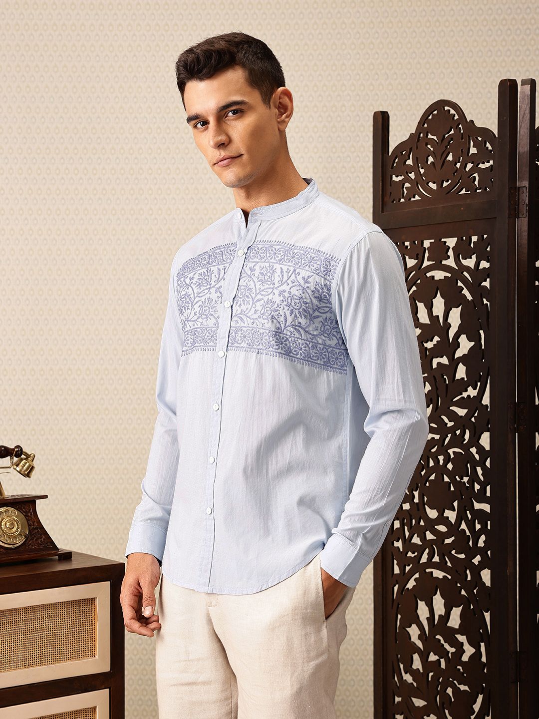 House of Pataudi Floral Embroidered Band Collar Pure Cotton Jashn Shirt