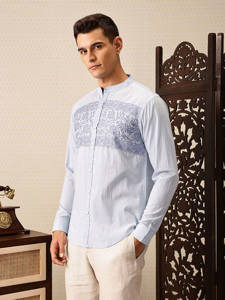 House of Pataudi Floral Embroidered Band Collar Pure Cotton Jashn Shirt