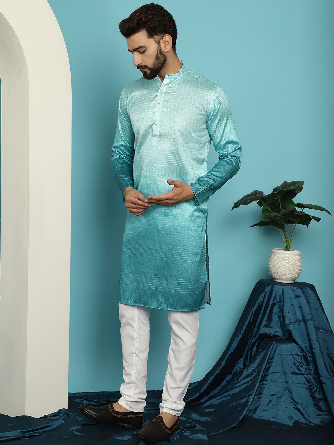 SOJANYA Geometric Woven Design Band Collar Jacquard Silk Kurta With Churidar