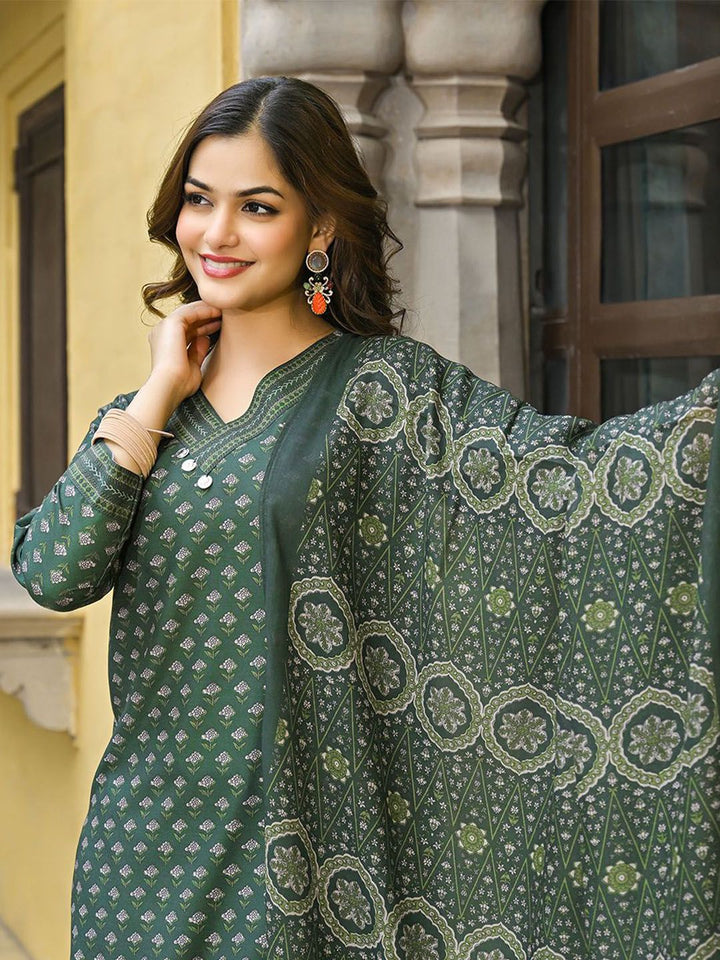 KALINI Floral Printed V-Neck Straight Kurta With Trousers & Dupatta