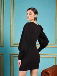 SASSAFRAS Black Self Design Puff Sleeves Gathered Detail Sheath Dress