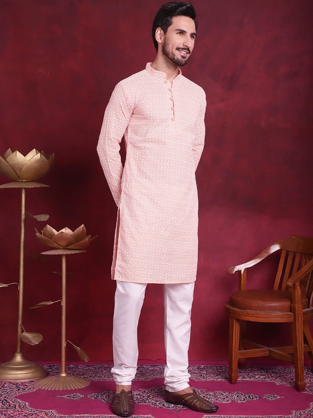 Jompers Floral Embroidered Chikankari Mandarin Collar Pure Cotton Kurta With Churidar