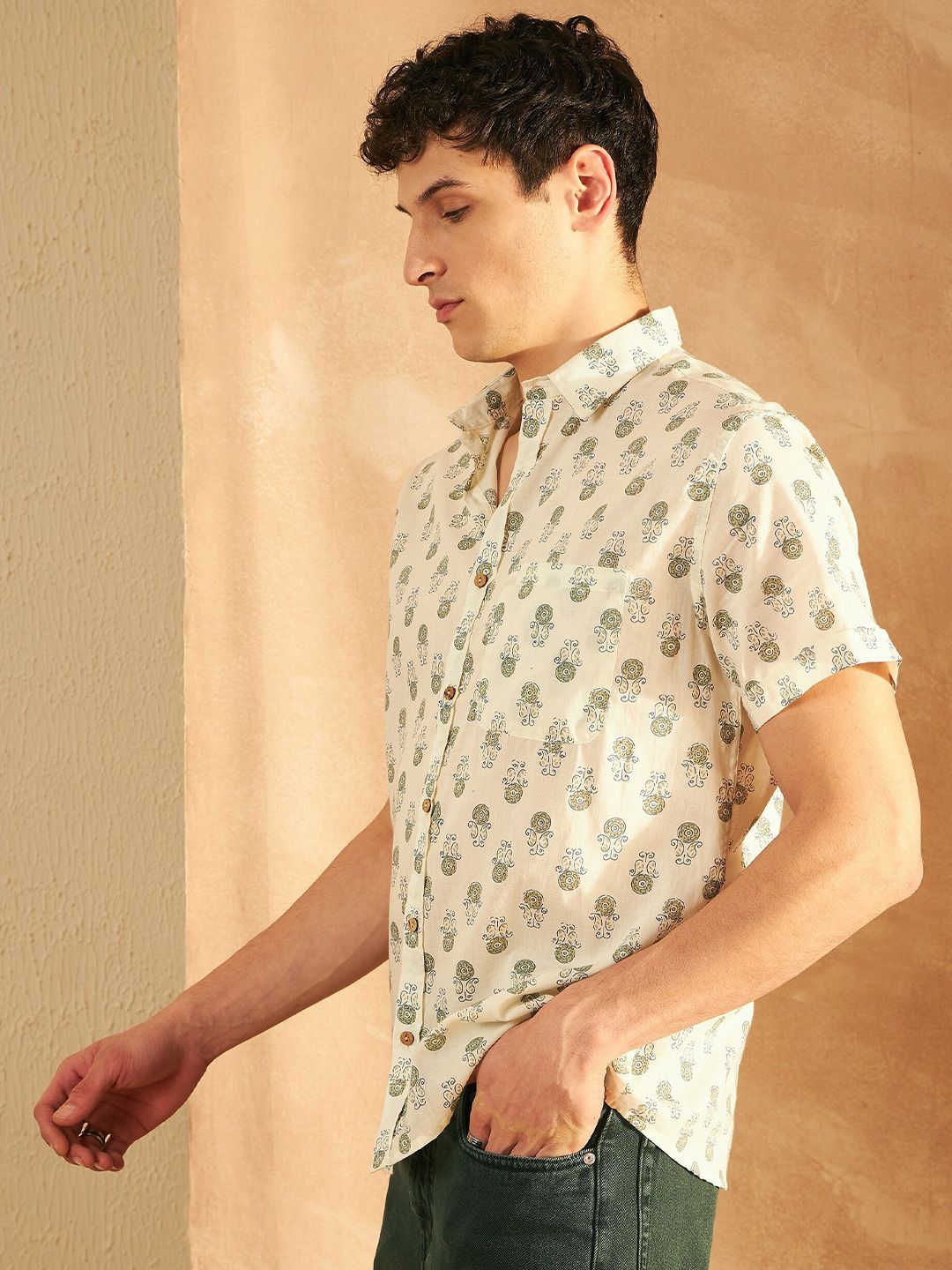 DENNISON Smart Ethnic Motifs Printed Spread Collar Cotton Oversized Lightweight Shirt