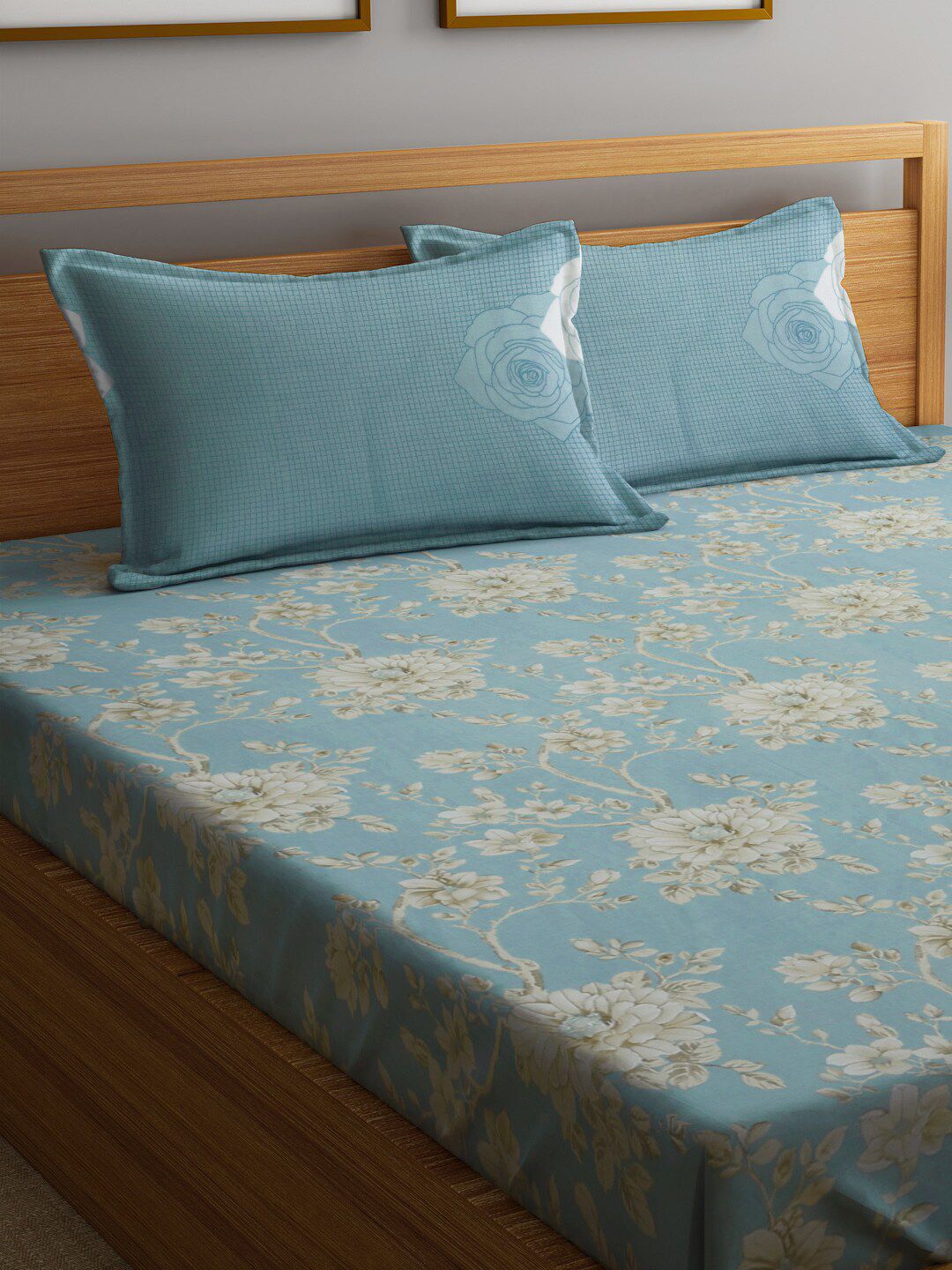 KLOTTHE Blue Floral Pure Cotton 400 TC Super King Bedsheet with 2 Pillow Covers-270X270 cm