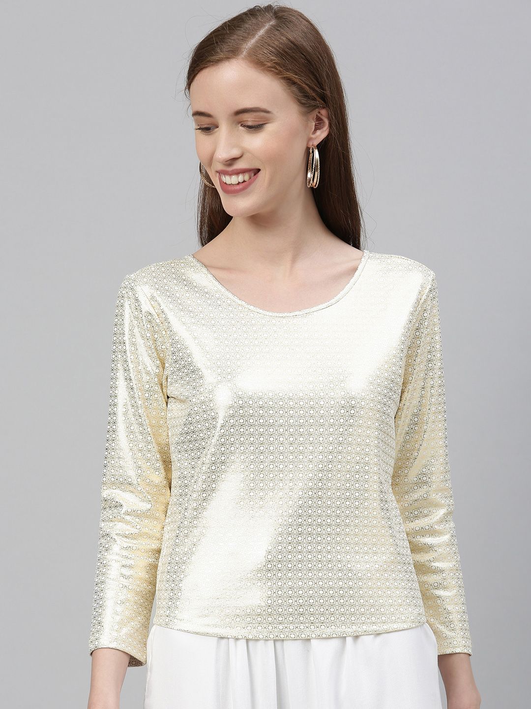 Global Desi Women Off-White & Golden Ethnic Printed Top