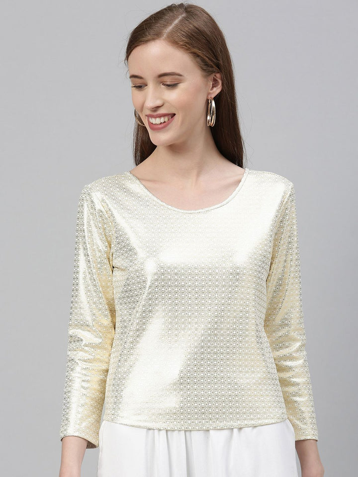 Global Desi Women Off-White & Golden Ethnic Printed Top