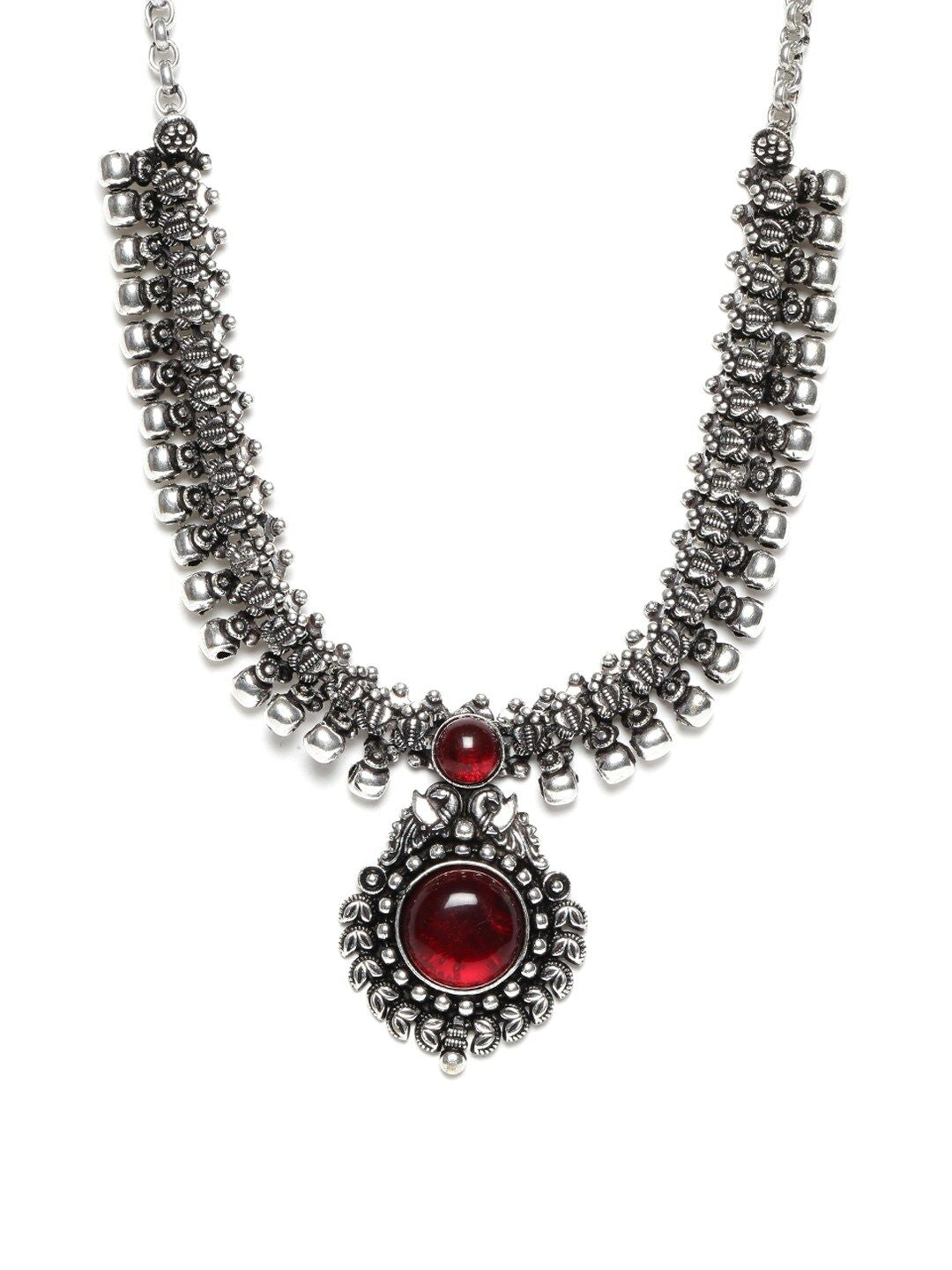 Rubans Oxidised Silver-Plated Ruby Red Stone Studded Antique Statement Necklace