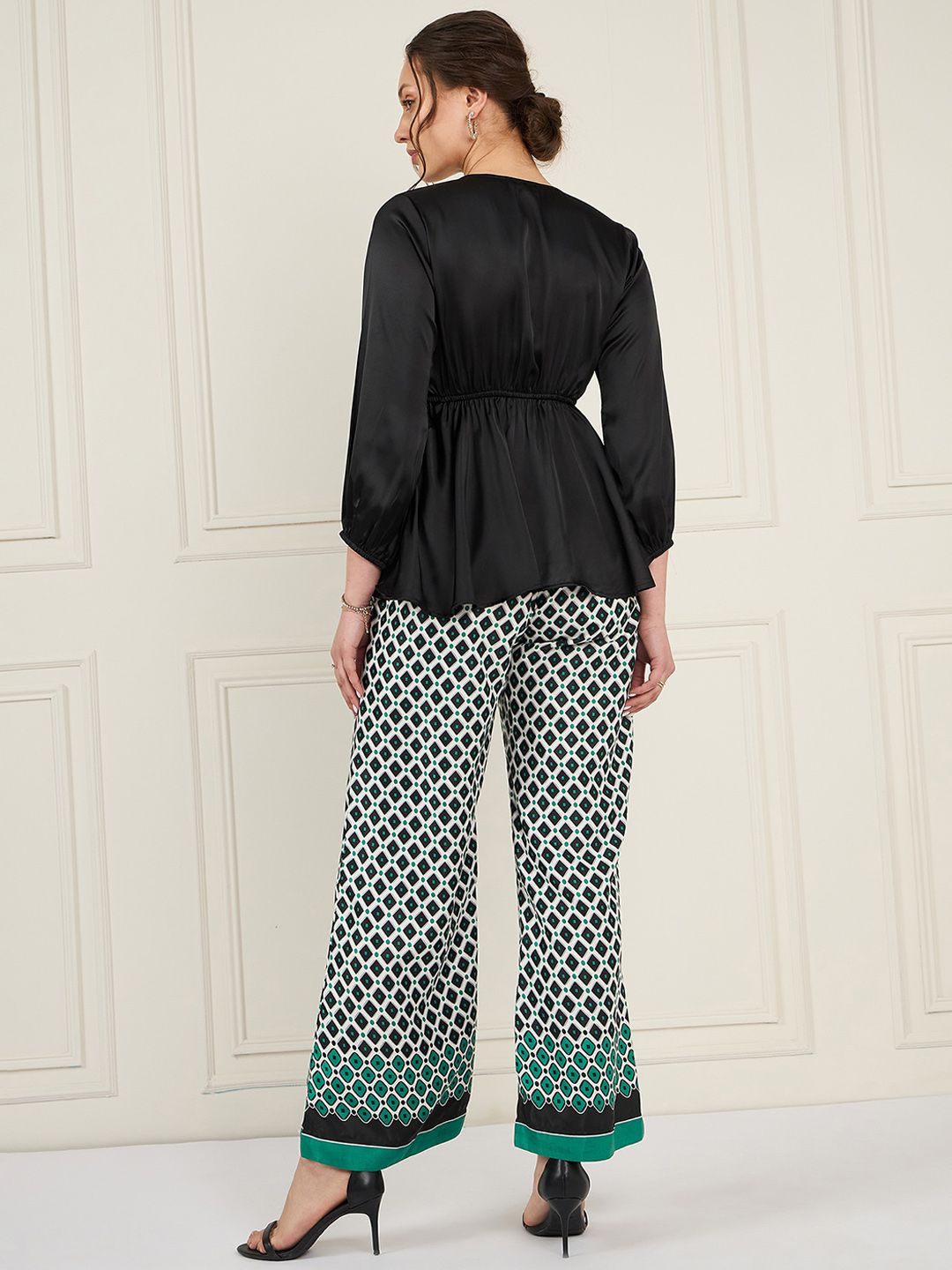 Antheaa Black V-Neck Puff Sleeves Satin Top With Printed Palazzos