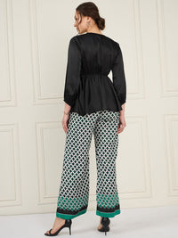 Antheaa Black V-Neck Puff Sleeves Satin Top With Printed Palazzos