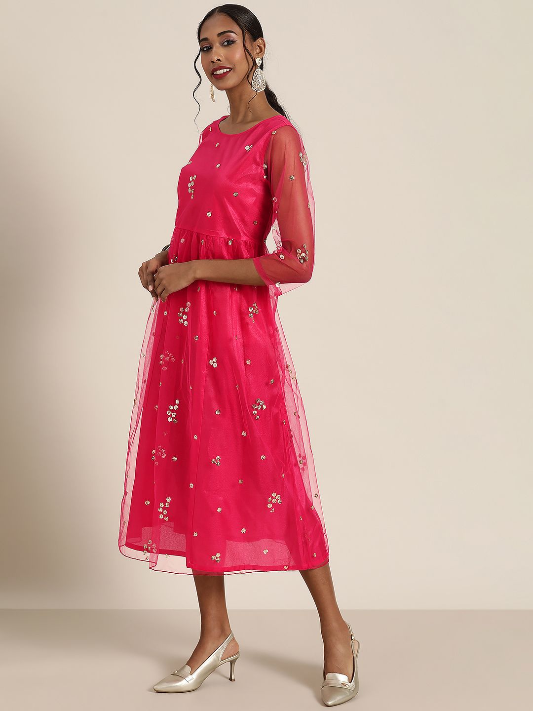 Shae by SASSAFRAS Fuchsia & Gold-Toned Ethnic A-Line Midi Dress