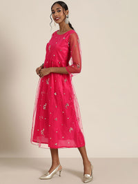 Shae by SASSAFRAS Fuchsia & Gold-Toned Ethnic A-Line Midi Dress