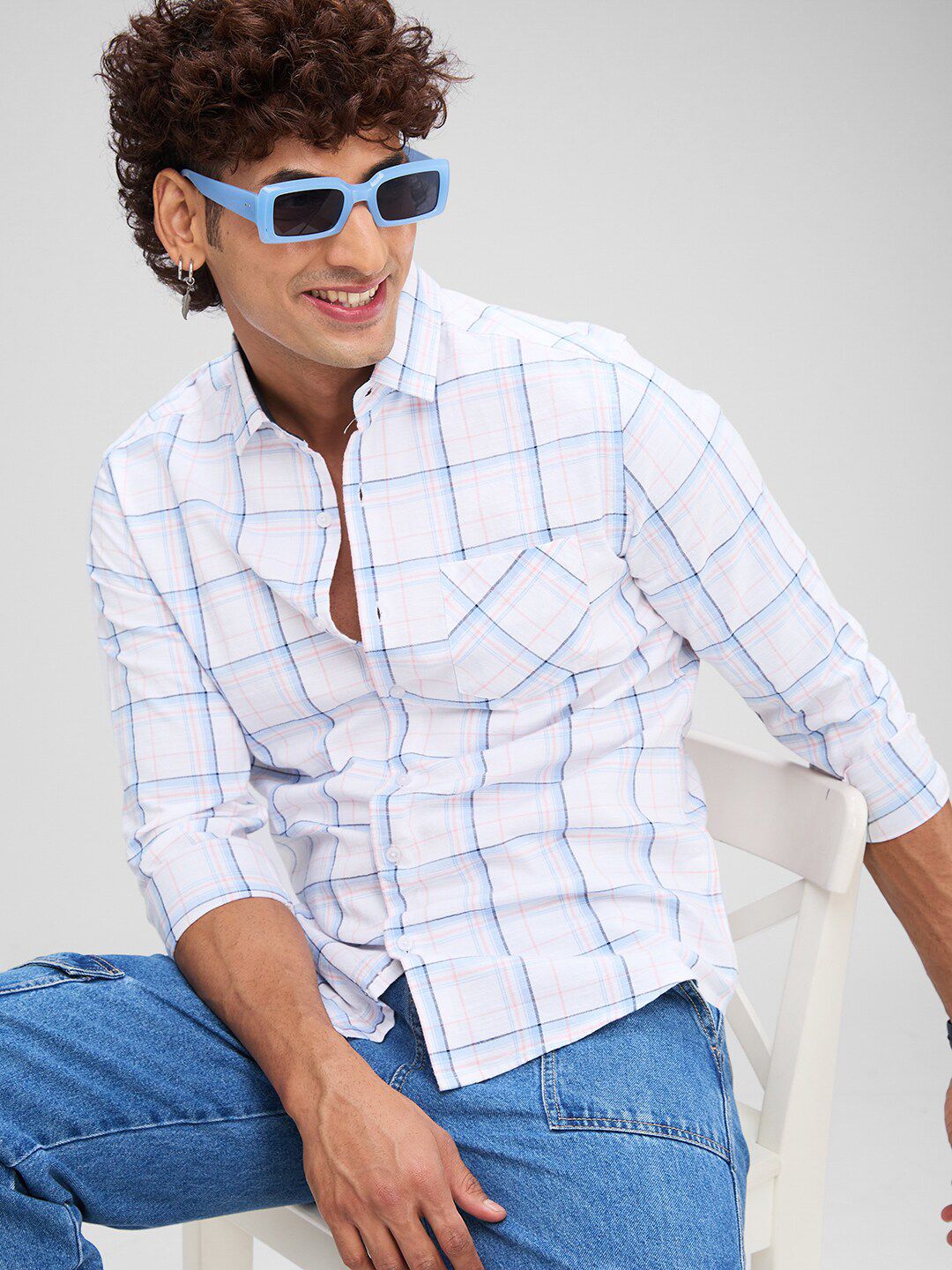 VASTRADO Slim Fit Windowpane Checked Spread Collar Cotton Casual Shirt