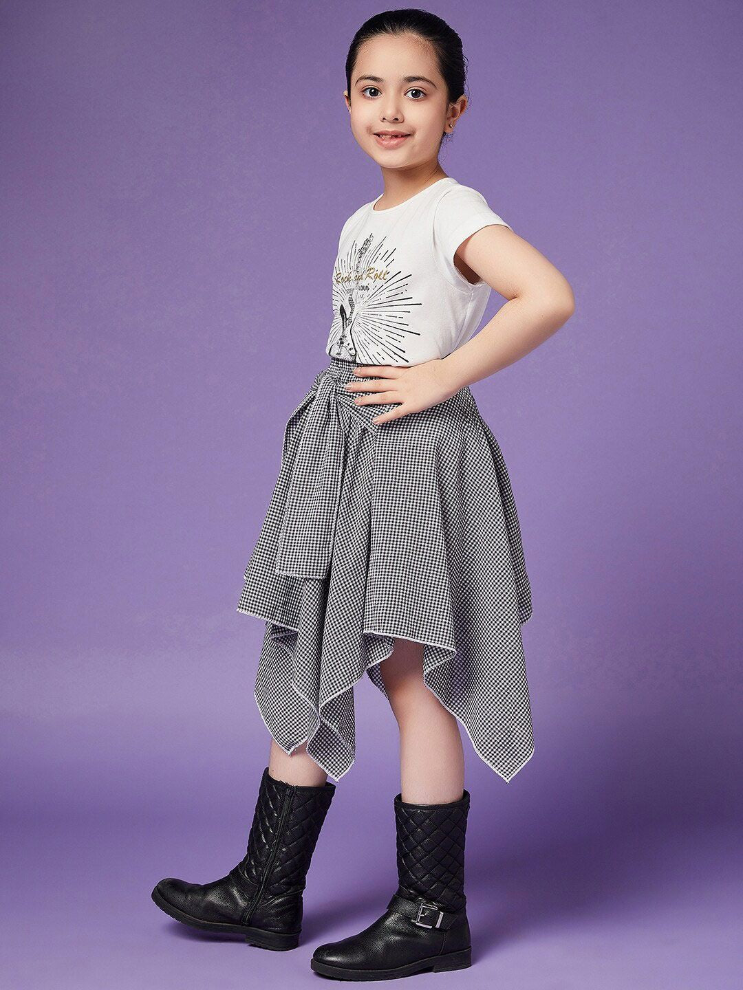 pspeaches Girls Pure Cotton Top With Checked Skirt