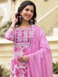 KALINI Floral Printed Regular Thread Work Kurta With Trousers & Dupatta